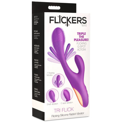 Tri-Flick Flicking Silicone Rabbit Vibrator - Purple-Vibrators-XR Brands inmi-Andy's Adult World
