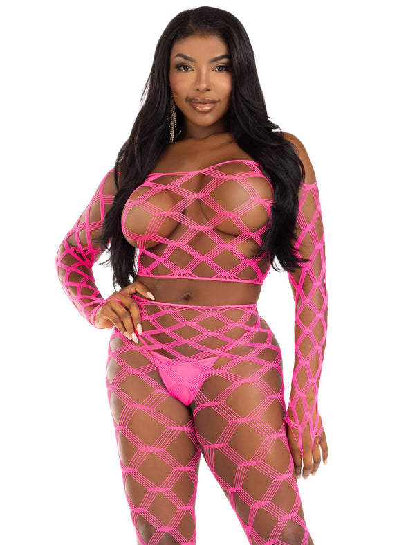 2 Pc Net Crop Top and Footless Tights - One Size - Neon Pink-Lingerie & Sexy Apparel-Leg Avenue-Andy's Adult World