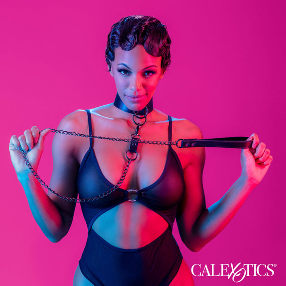 Euphoria Collection Collar With Chain Leash - Black-Bondage & Fetish Toys-CalExotics-Andy's Adult World