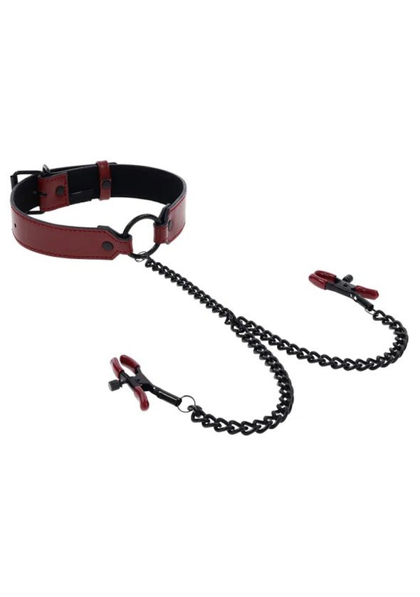 Saffron Collar With Nipple Clamps - Black/red-Bondage & Fetish Toys-Sportsheets-Andy's Adult World