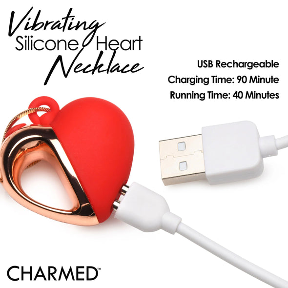 10x Vibrating Silicone Heart Necklace - Rose Gold/ Red-Vibrators-XR Brands Charmed-Andy's Adult World