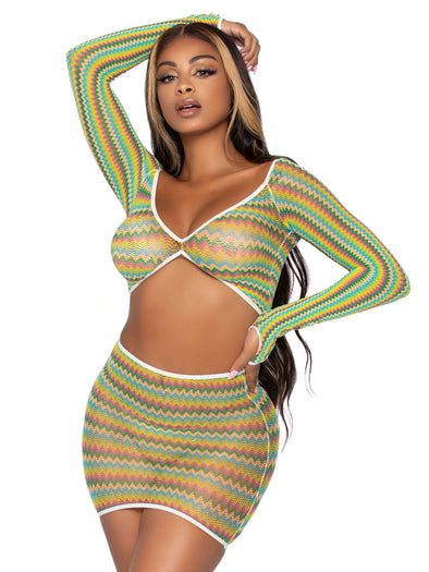2 Pc Zig Zag Net Crop Top and Mini Dress - One Size - Green-Lingerie & Sexy Apparel-Leg Avenue-Andy's Adult World