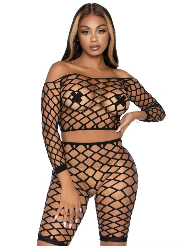 2 Pc Net Crop Top and Bike Shorts - One Size - Black-Lingerie & Sexy Apparel-Leg Avenue-Andy's Adult World