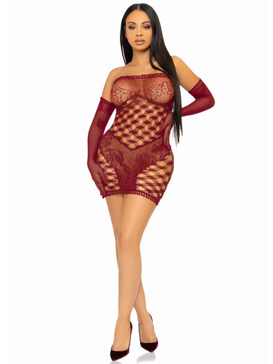 2 Pc Hardcore Net Tube Dress With Gloves - One Size - Burgundy-Lingerie & Sexy Apparel-Leg Avenue-Andy's Adult World