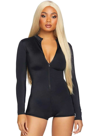 Zipper Front Long Sleeved Matte Romper - Small - Black-Lingerie & Sexy Apparel-Leg Avenue-Andy's Adult World