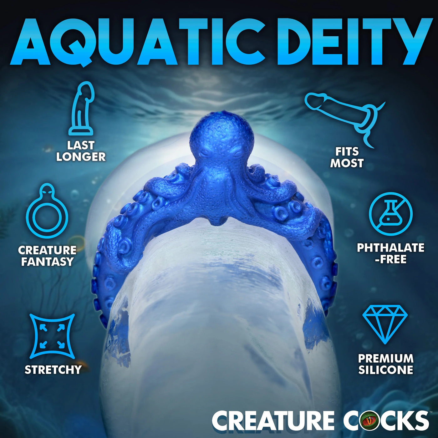 Poseidon's Octo-Ring Silicone Cock Ring - Blue-Cockrings-XR Brands Creature Cocks-Andy's Adult World