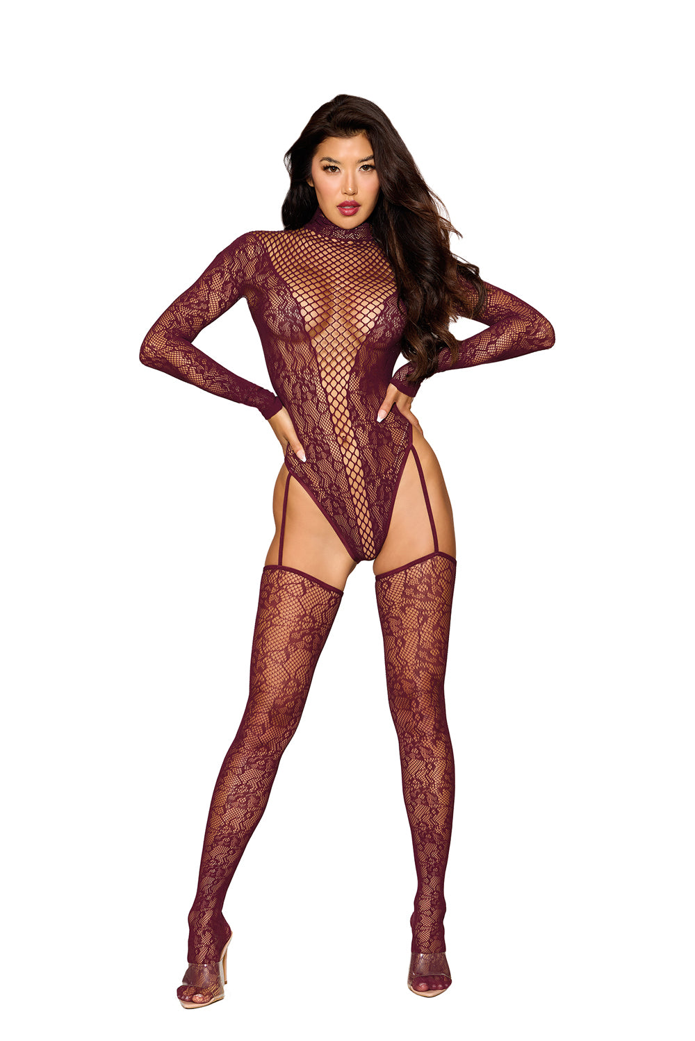 Teddy Bodystocking Dmnd - One Size - Cherry Lacquer-Lingerie & Sexy Apparel-Dreamgirl-Andy's Adult World