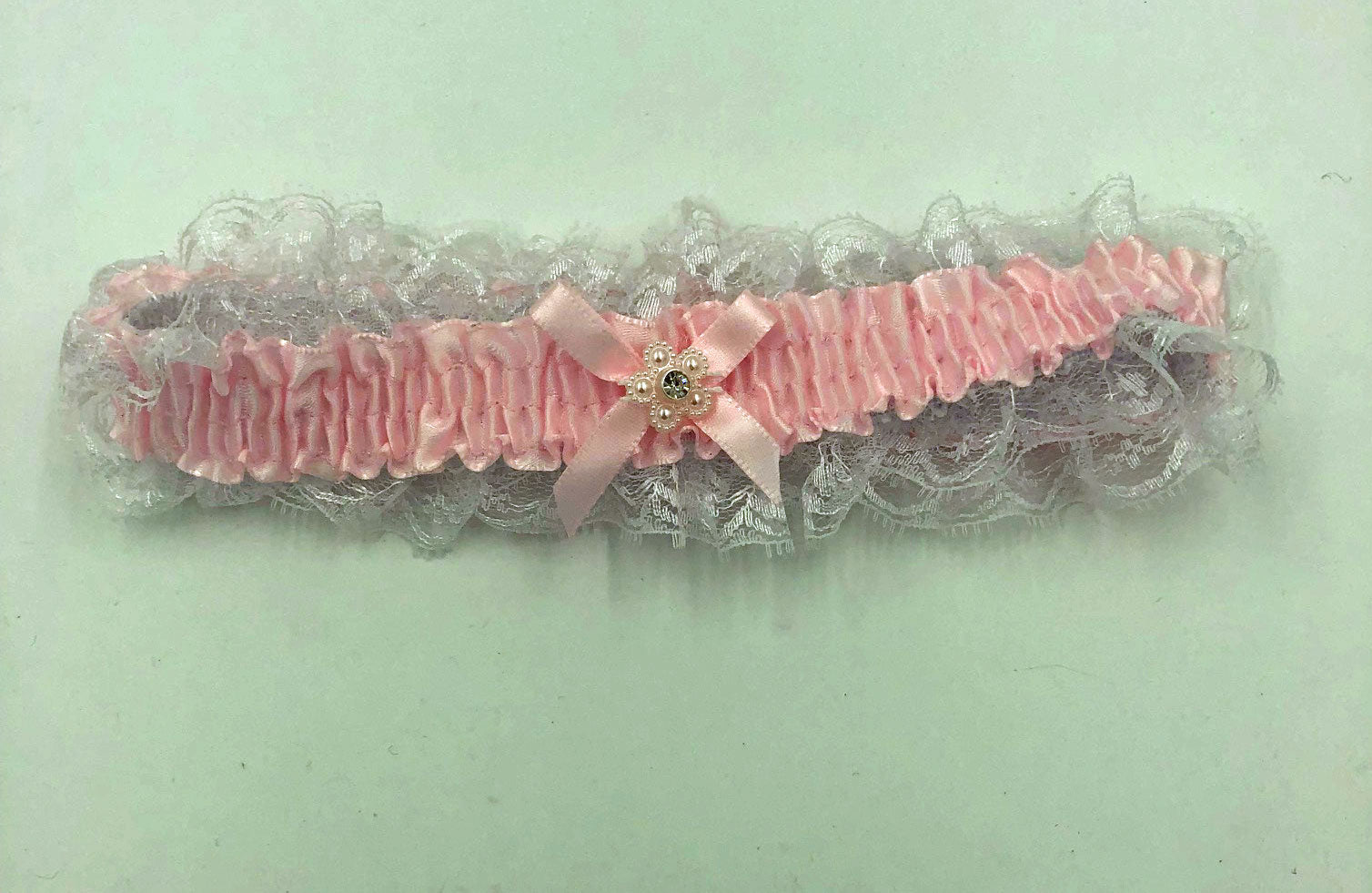 Satin Leg Garter - One Size - Baby Pink With White Lace-Lingerie & Sexy Apparel-Elegant Moments-Andy's Adult World