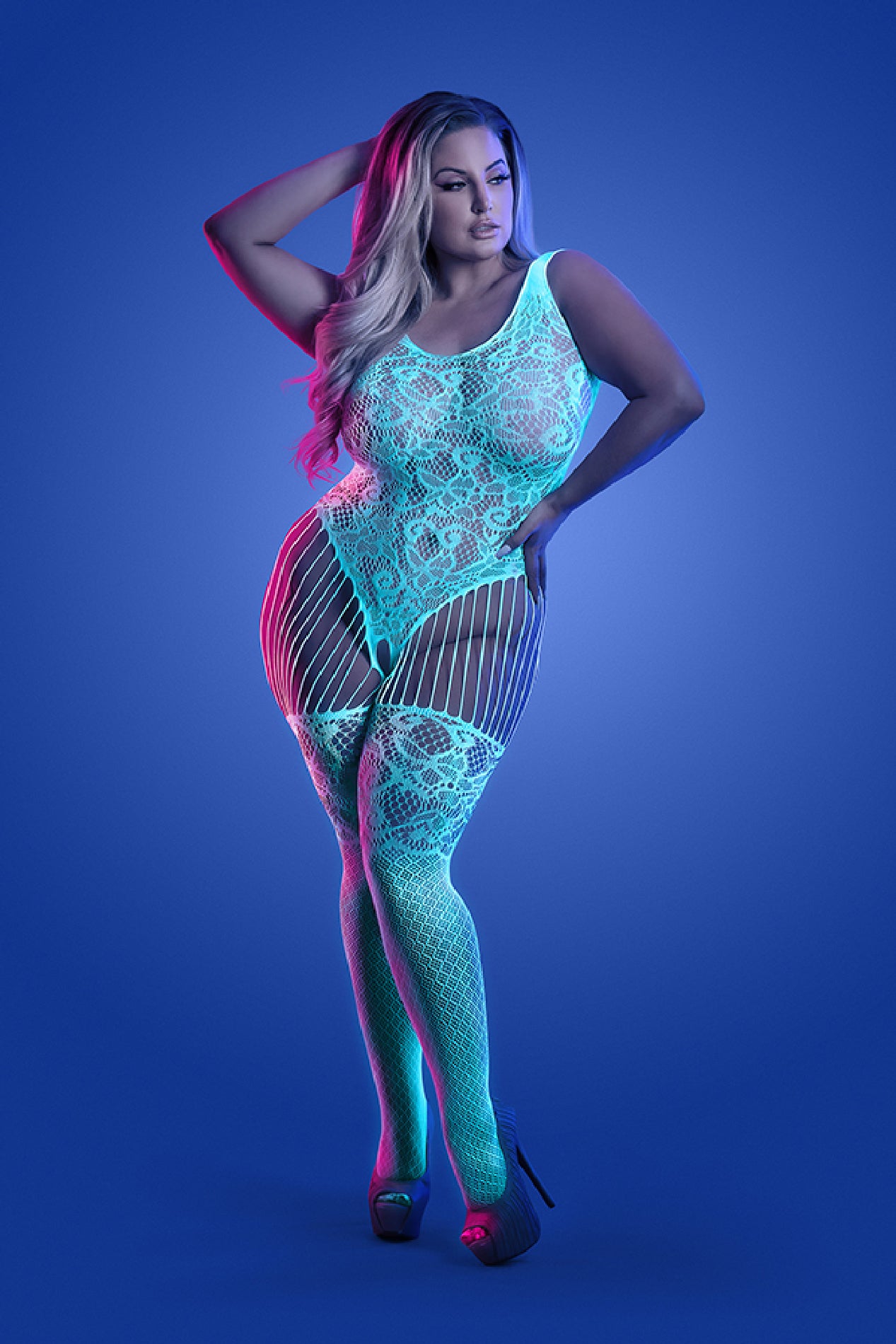 Illuminate Crotchless Teddy Bodystocking - Queen - White/blue-Lingerie & Sexy Apparel-Fantasy Lingerie-Andy's Adult World