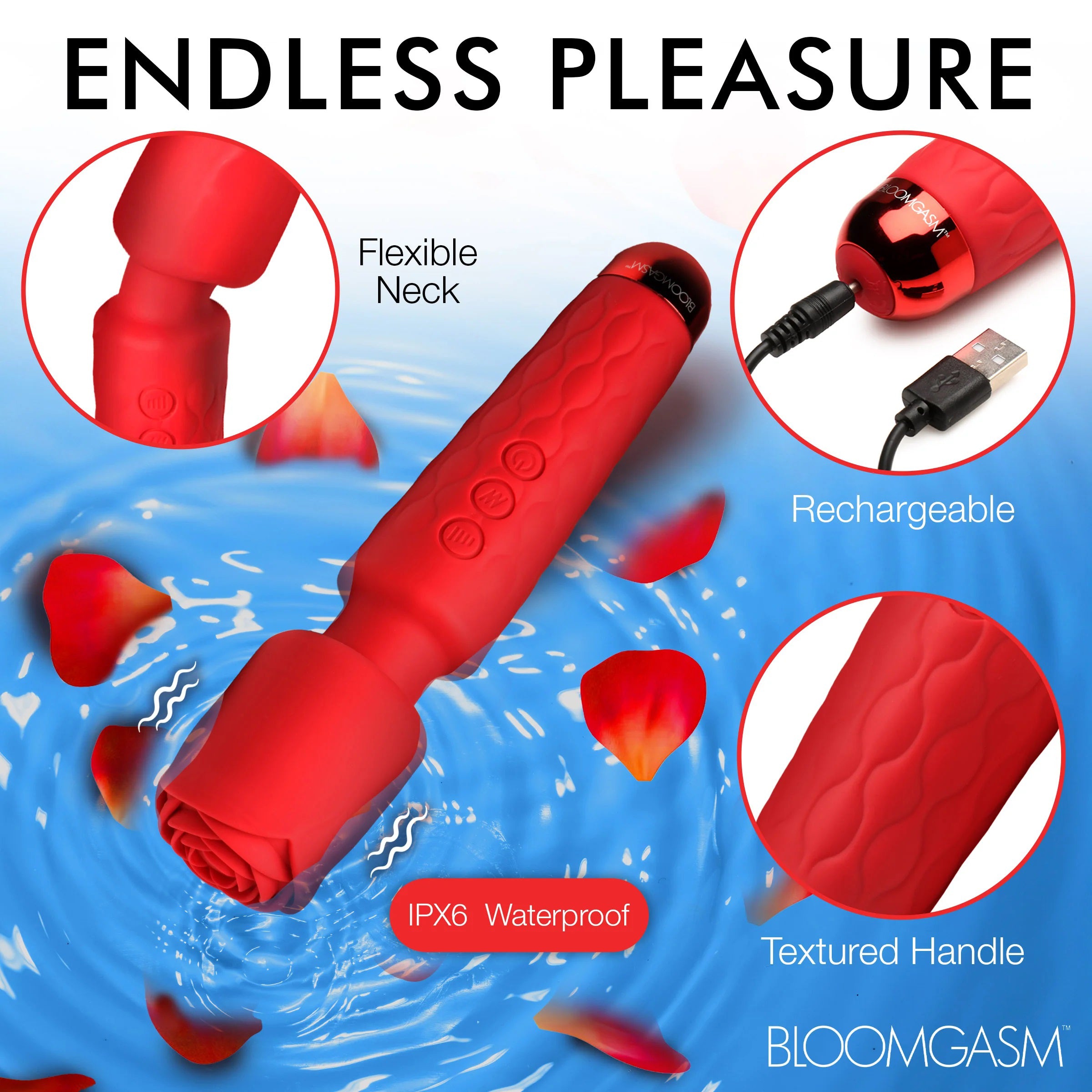 Pleasure Rose 10x Silicone Wand With Rose Attachment - Red-Vibrators-XR Brands inmi-Andy's Adult World