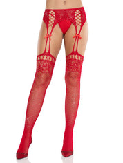 Red Rhinestone Lace Top Fishnet Stockings With - Gartner Belt - Os-Lingerie & Sexy Apparel-Leg Avenue-Andy's Adult World