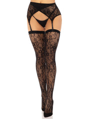 2 Pc Rachel Lace Thigh High and Crossover Garter Belt - One Size - Black-Lingerie & Sexy Apparel-Leg Avenue-Andy's Adult World