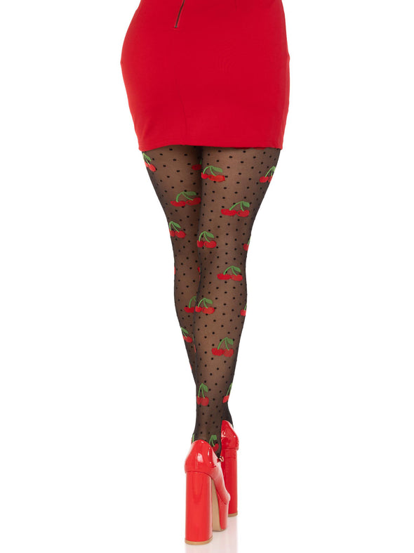 Polka Dot Cherry Tights - One Size - Black-Lingerie & Sexy Apparel-Leg Avenue-Andy's Adult World