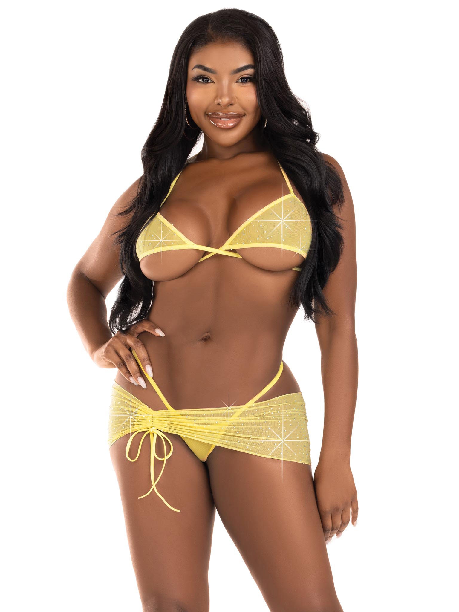 3 Pc Rhinestone Mesh Set - Medium/large - Baby Yellow-Lingerie & Sexy Apparel-Leg Avenue-Andy's Adult World