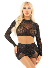 Black 2pc Rhinestone Lace and Net Crop Top With - Heart Keyhole Mini Skirt - Os-Lingerie & Sexy Apparel-Leg Avenue-Andy's Adult World