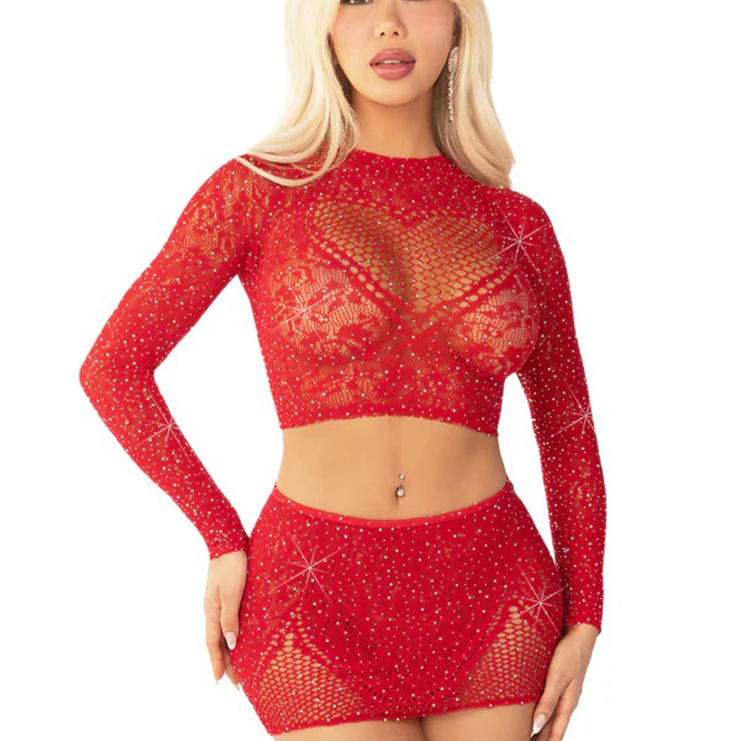 Red 2pc Rhinestone Lace and Net Crop Top With - Heart Keyhole Mini Skirt - Os-Lingerie & Sexy Apparel-Leg Avenue-Andy's Adult World