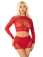 Red 2pc Rhinestone Lace and Net Crop Top With - Heart Keyhole Mini Skirt - Os-Lingerie & Sexy Apparel-Leg Avenue-Andy's Adult World