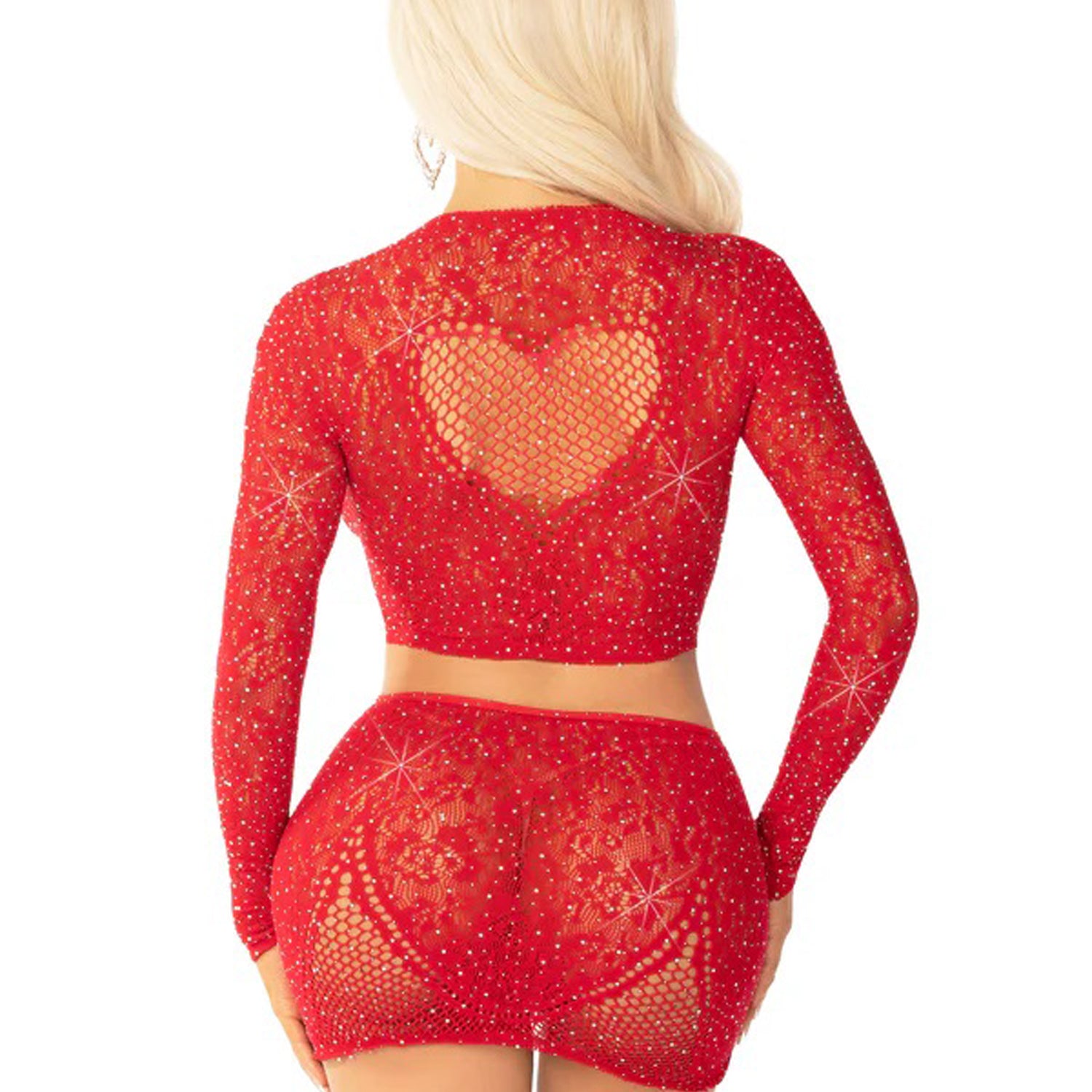 Red 2pc Rhinestone Lace and Net Crop Top With - Heart Keyhole Mini Skirt - Os-Lingerie & Sexy Apparel-Leg Avenue-Andy's Adult World