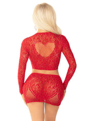 Red 2pc Rhinestone Lace and Net Crop Top With - Heart Keyhole Mini Skirt - Os-Lingerie & Sexy Apparel-Leg Avenue-Andy's Adult World