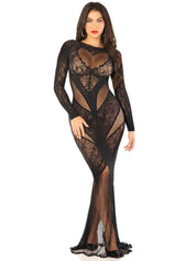 Black Lace and Net Body Con Gown - With Heart Keyhole Detail - Os-Lingerie & Sexy Apparel-Leg Avenue-Andy's Adult World