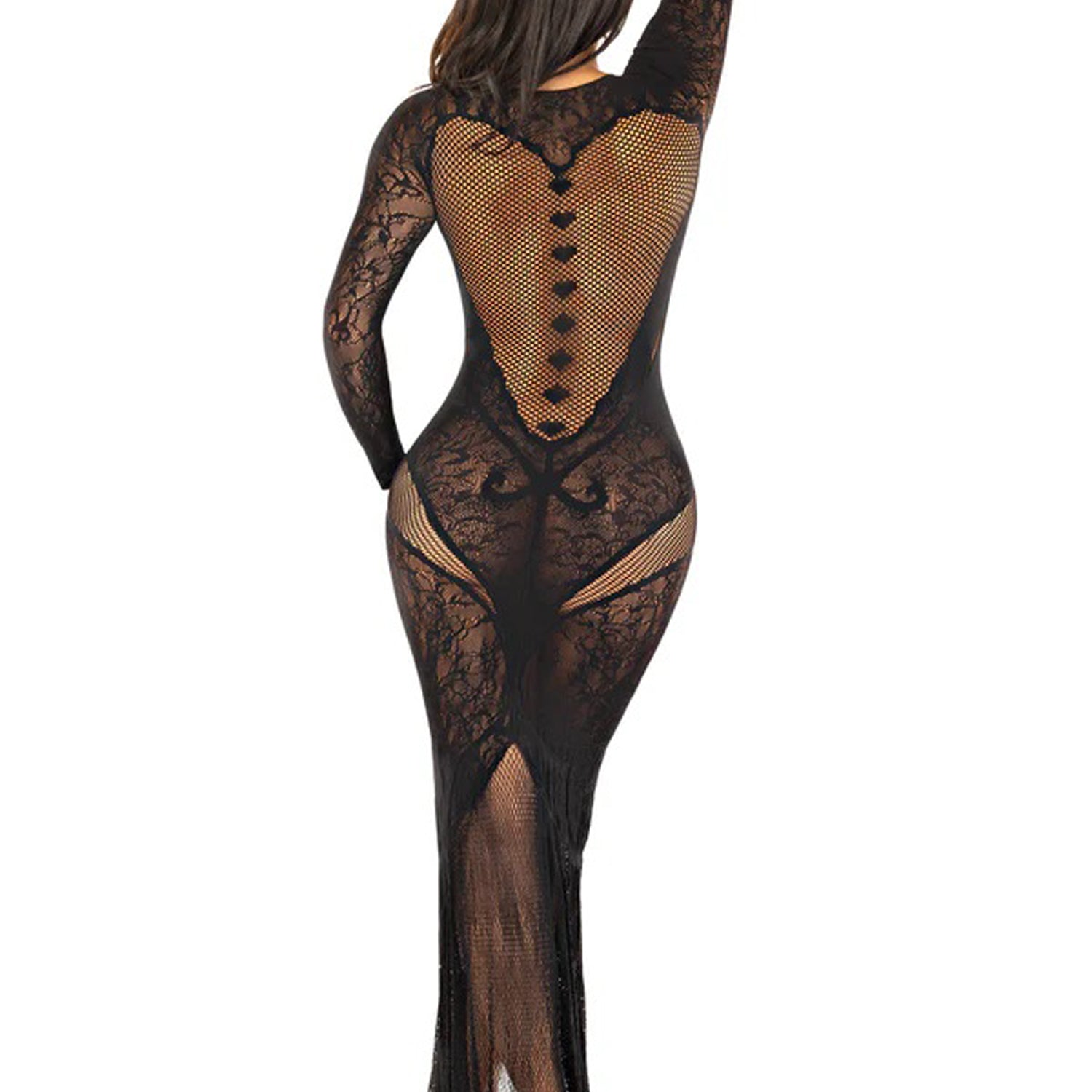 Black Lace and Net Body Con Gown - With Heart Keyhole Detail - Os-Lingerie & Sexy Apparel-Leg Avenue-Andy's Adult World