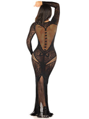 Black Lace and Net Body Con Gown - With Heart Keyhole Detail - Os-Lingerie & Sexy Apparel-Leg Avenue-Andy's Adult World