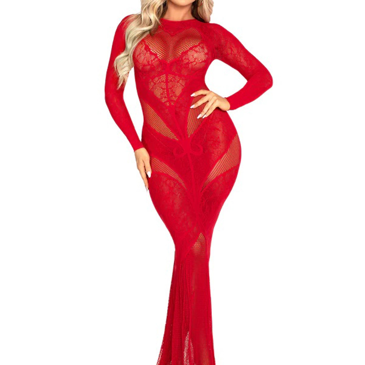 Red Lace and Net Body Con Gown - With Heart Keyhole Detail - Os-Lingerie & Sexy Apparel-Leg Avenue-Andy's Adult World