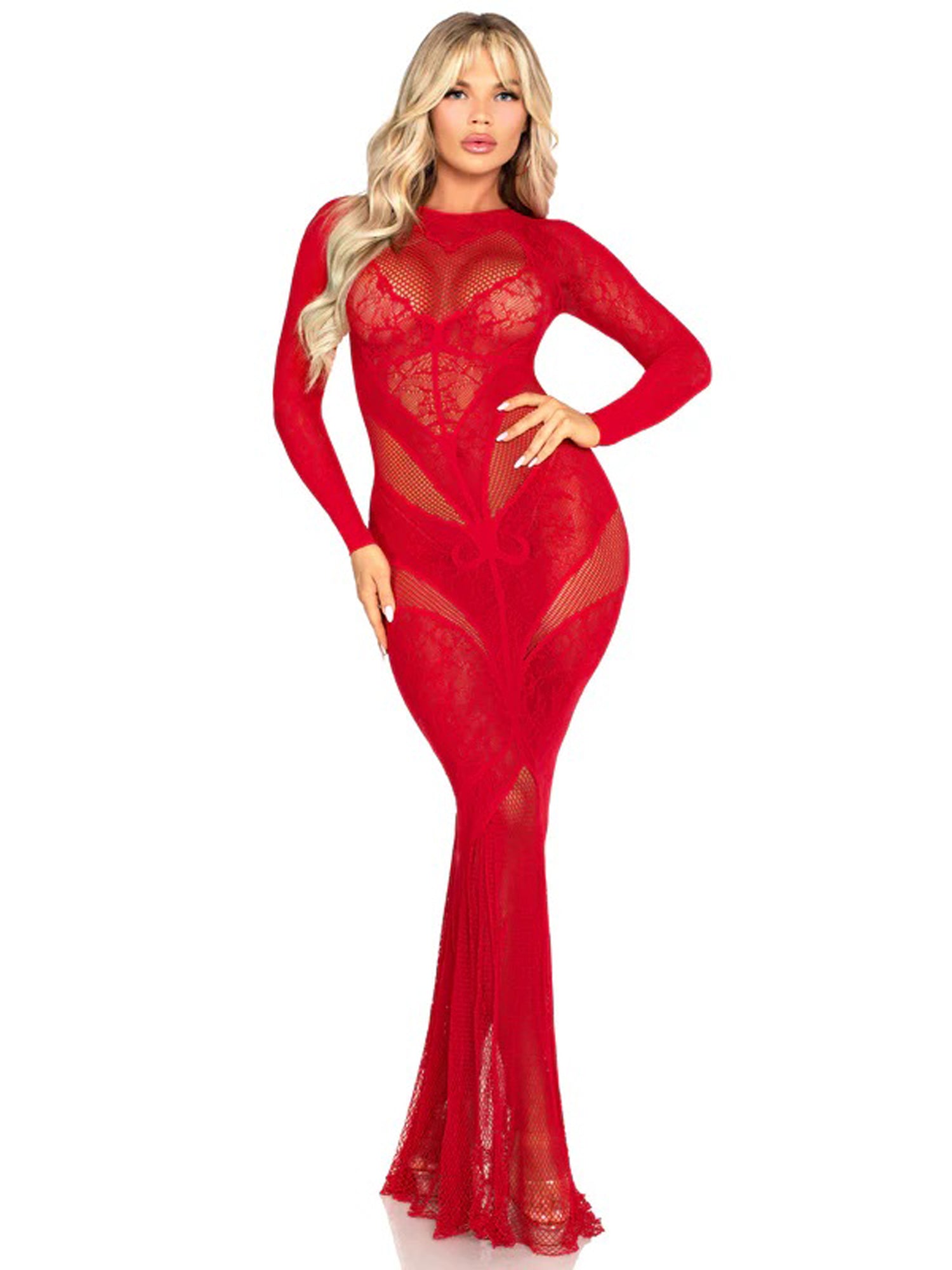 Red Lace and Net Body Con Gown - With Heart Keyhole Detail - Os-Lingerie & Sexy Apparel-Leg Avenue-Andy's Adult World