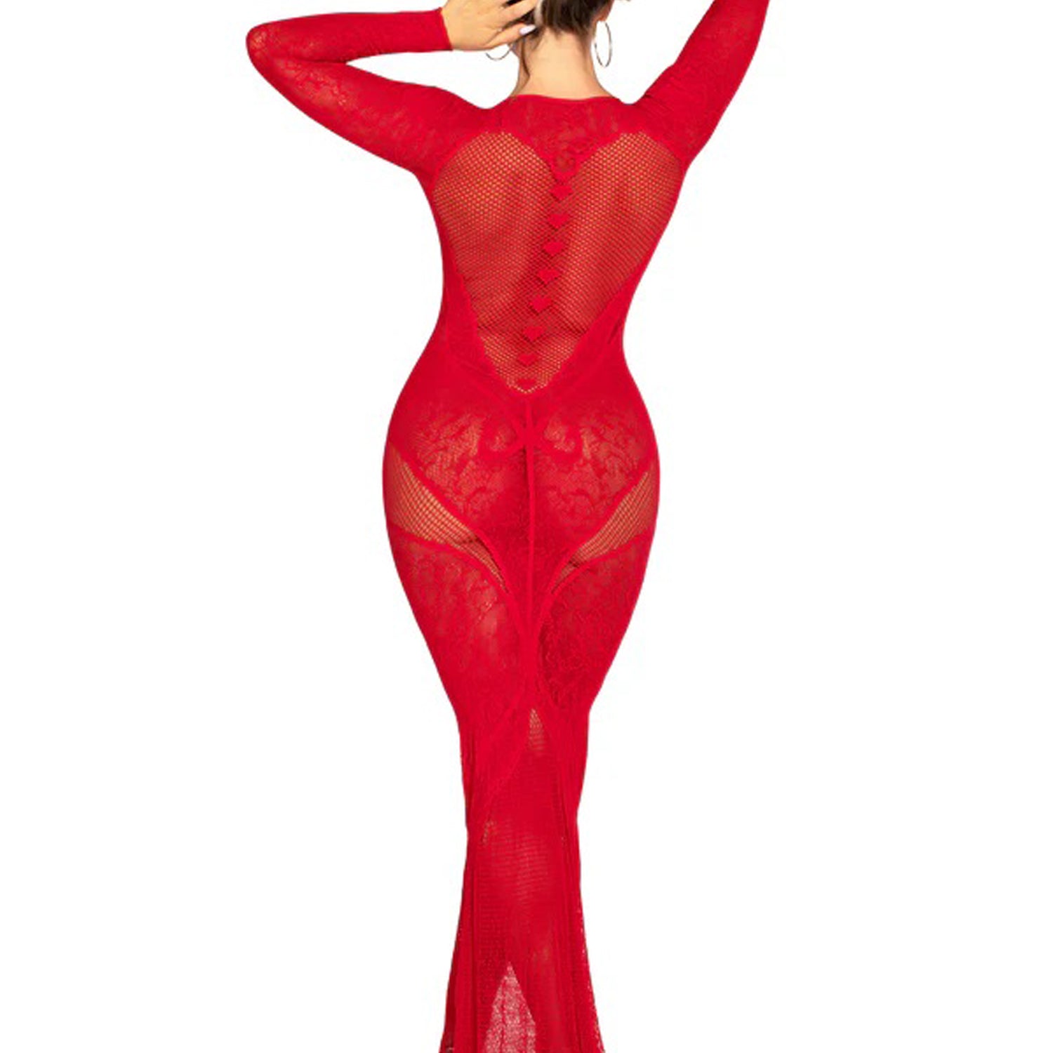 Red Lace and Net Body Con Gown - With Heart Keyhole Detail - Os-Lingerie & Sexy Apparel-Leg Avenue-Andy's Adult World