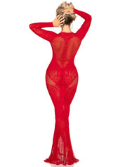 Red Lace and Net Body Con Gown - With Heart Keyhole Detail - Os-Lingerie & Sexy Apparel-Leg Avenue-Andy's Adult World