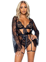 All Romance Lace Teddy and Robe Set - Large - Black-Lingerie & Sexy Apparel-Leg Avenue-Andy's Adult World