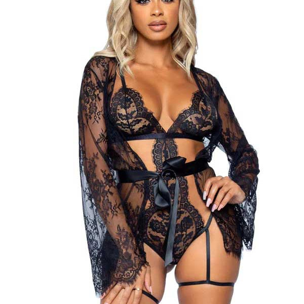 All Romance Lace Teddy and Robe Set - Large - Black-Lingerie & Sexy Apparel-Leg Avenue-Andy's Adult World