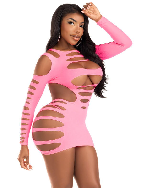 Opaque Shredded Cut Out Mini Dress - One Size - Neon Pink-Lingerie & Sexy Apparel-Leg Avenue-Andy's Adult World