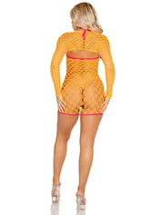 2 Pc Eyelet Net Mini Dress With Tie- Front Keyhole and Shrug O/s - Neon Orange-Lingerie & Sexy Apparel-Leg Avenue-Andy's Adult World