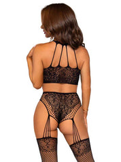 Stay Awhile Crop Top and Crotchless Panty Set - One Size - Black-Lingerie & Sexy Apparel-Leg Avenue-Andy's Adult World