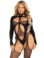 2 Pc Fishnet Halter Suspender Bodystocking and Layered Teddy - One Size - Black-Lingerie & Sexy Apparel-Leg Avenue-Andy's Adult World