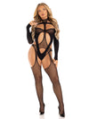 2 Pc Fishnet Halter Suspender Bodystocking and Layered Teddy - One Size - Black-Lingerie & Sexy Apparel-Leg Avenue-Andy's Adult World
