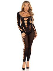 Opaque Cut Out Footless Bodystocking - One Size - Black-Lingerie & Sexy Apparel-Leg Avenue-Andy's Adult World