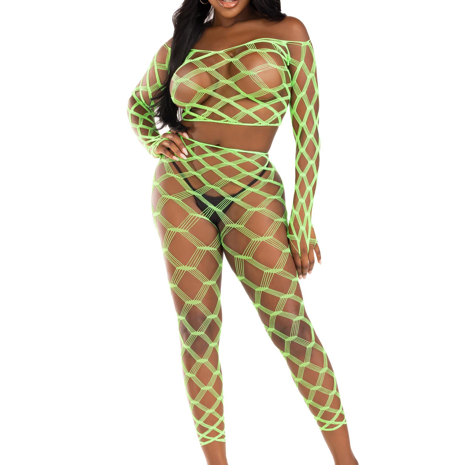 2 Pc Net Crop Top and Footless Tights - One Size - Neon Green-Lingerie & Sexy Apparel-Leg Avenue-Andy's Adult World