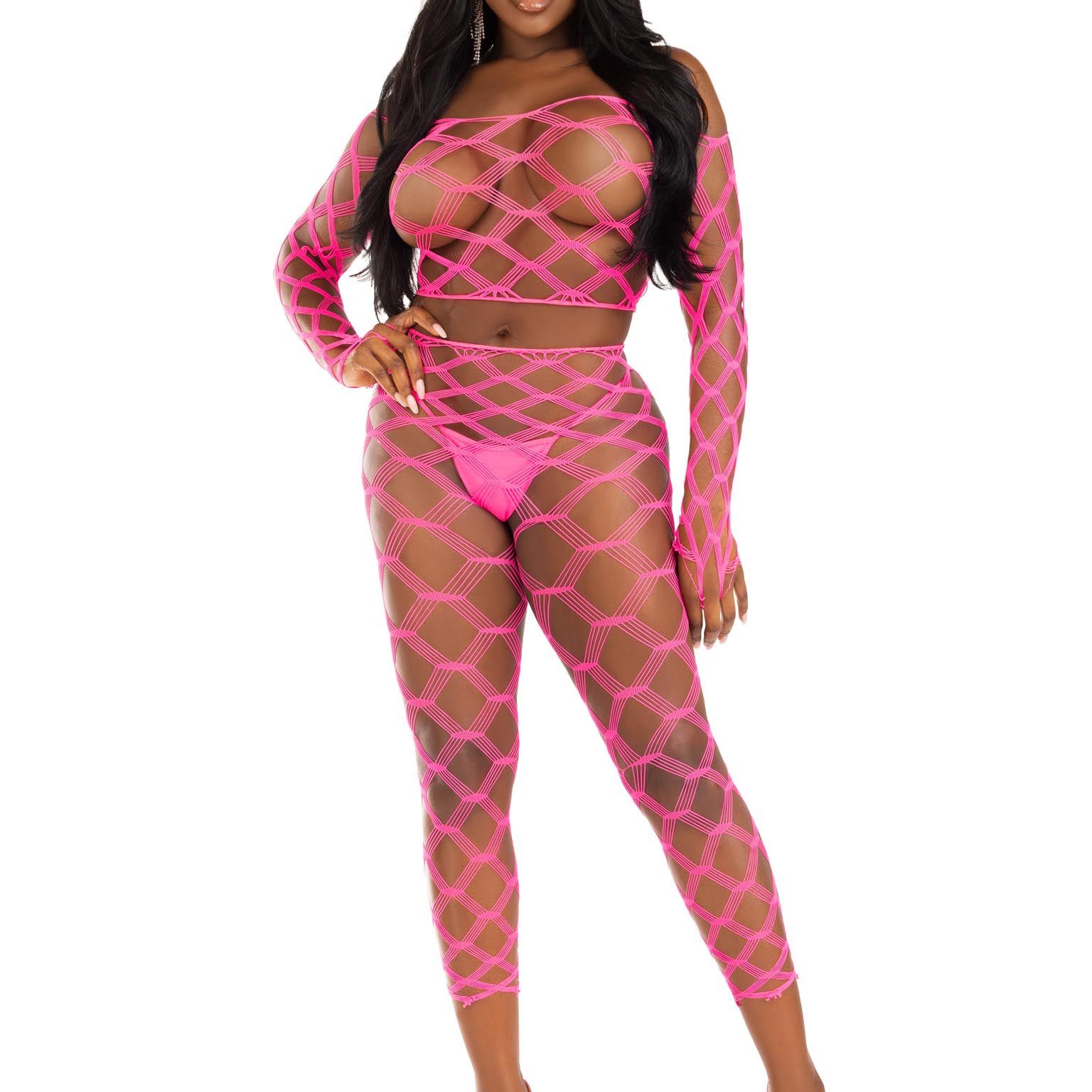 2 Pc Net Crop Top and Footless Tights - One Size - Neon Pink-Lingerie & Sexy Apparel-Leg Avenue-Andy's Adult World