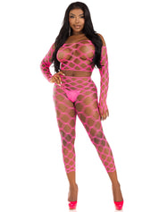 2 Pc Net Crop Top and Footless Tights - One Size - Neon Pink-Lingerie & Sexy Apparel-Leg Avenue-Andy's Adult World