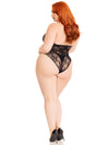 Floral Lace Deep-v Lace Up Teddy - 1x/2x - Black-Lingerie & Sexy Apparel-Leg Avenue-Andy's Adult World