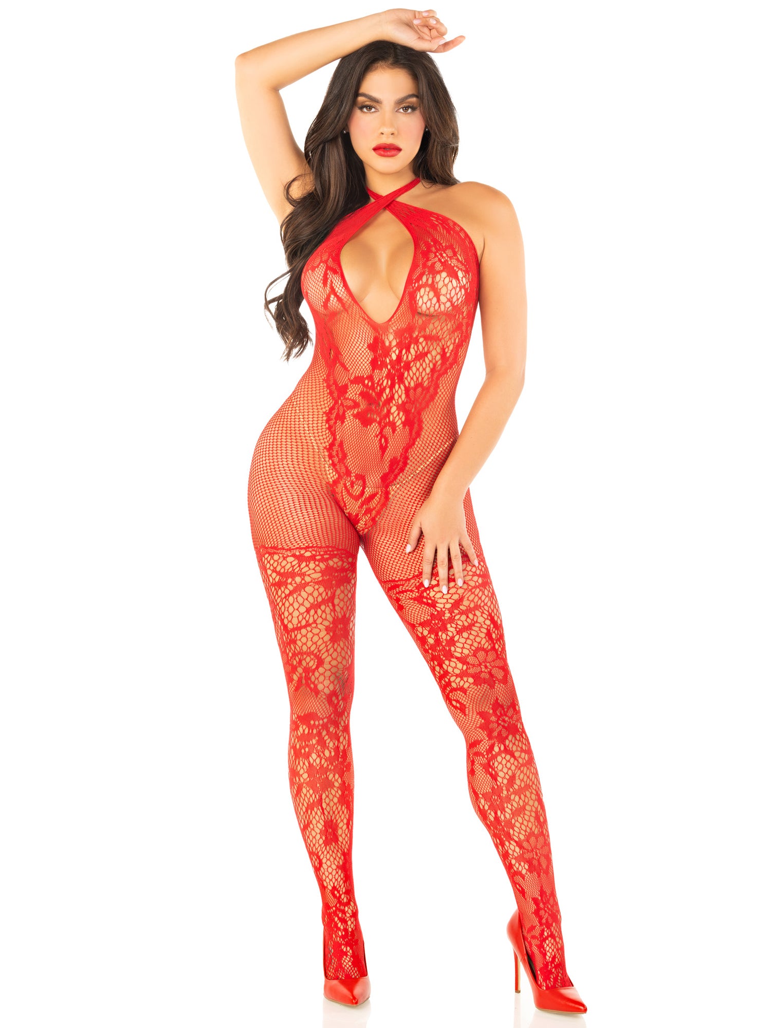 Red Seamless Net and Lace Lingerie Jumpsuit - With Keyhole Crossover Halter - Os-Lingerie & Sexy Apparel-Leg Avenue-Andy's Adult World