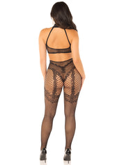 Seamless Dotted Net Crotchless Lingerie Jumpsuit - Lingerie Jumpsuit With Heart Detail - Os - Black-Lingerie & Sexy Apparel-Leg Avenue-Andy's Adult World