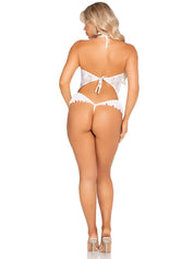 White Floral Lace Halter Bodysuit With Mini Bow - and Flutter Accent - Os-Lingerie & Sexy Apparel-Leg Avenue-Andy's Adult World