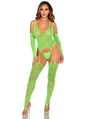 2 Pc Lace Halter Footless Cami Garter With Attached Toe Loop Stockings O/s - Neon Green-Lingerie & Sexy Apparel-Leg Avenue-Andy's Adult World