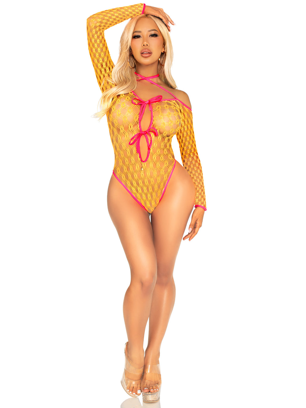 Eyelet Net Teddy With Tie-Front Keyhole Detail O/s - Neon Orange-Lingerie & Sexy Apparel-Leg Avenue-Andy's Adult World