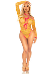 Eyelet Net Teddy With Tie-Front Keyhole Detail O/s - Neon Orange-Lingerie & Sexy Apparel-Leg Avenue-Andy's Adult World