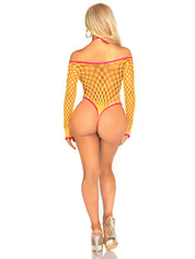 Eyelet Net Teddy With Tie-Front Keyhole Detail O/s - Neon Orange-Lingerie & Sexy Apparel-Leg Avenue-Andy's Adult World