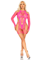 2 Pc Fishnet Garter Harness and Opaque Cut-Out Teddy O/s - Neon Pink-Lingerie & Sexy Apparel-Leg Avenue-Andy's Adult World